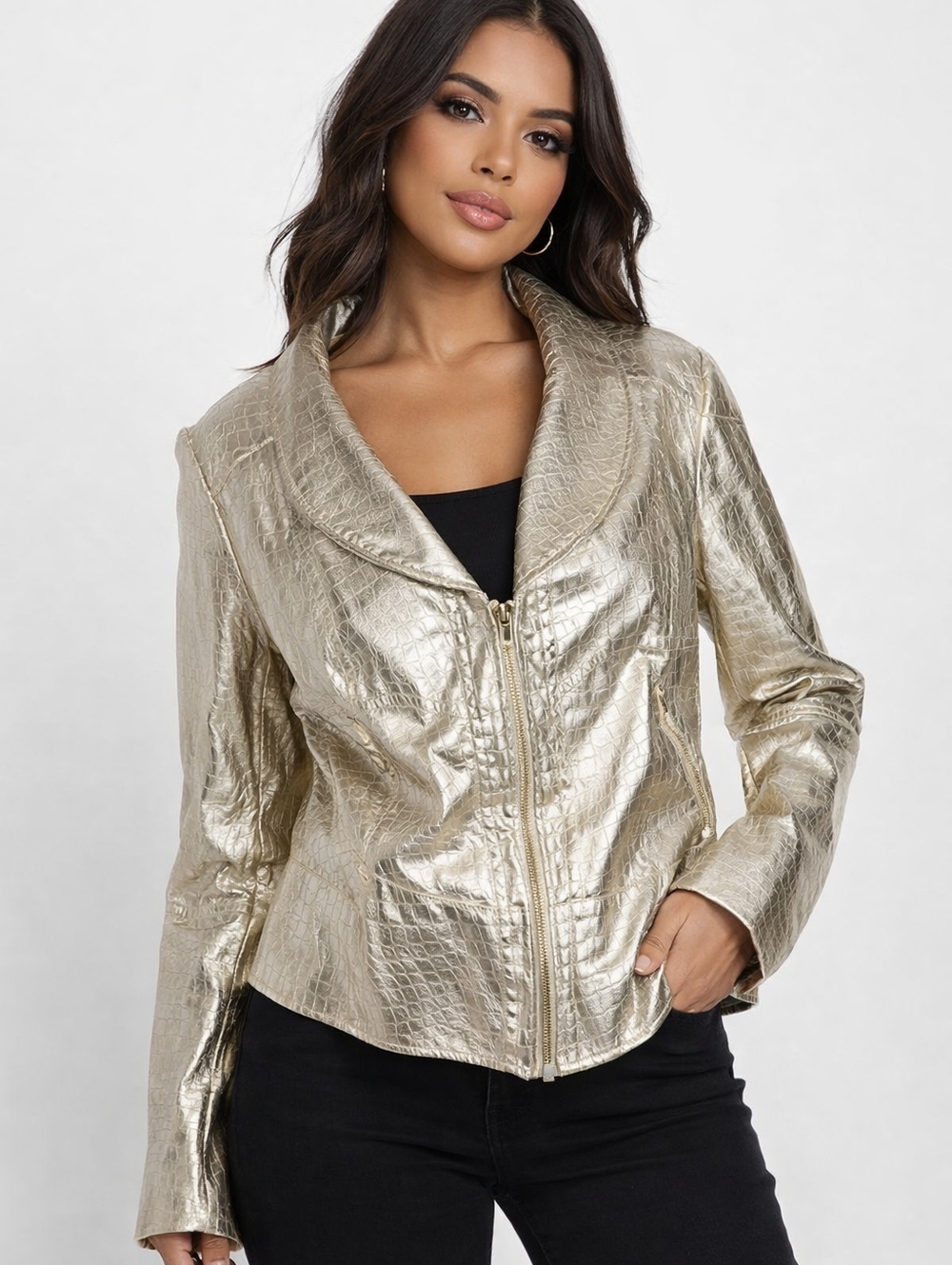 V Christina Jacket Gold Croc Embossed Print Faux Leather Zip, Women's Size L